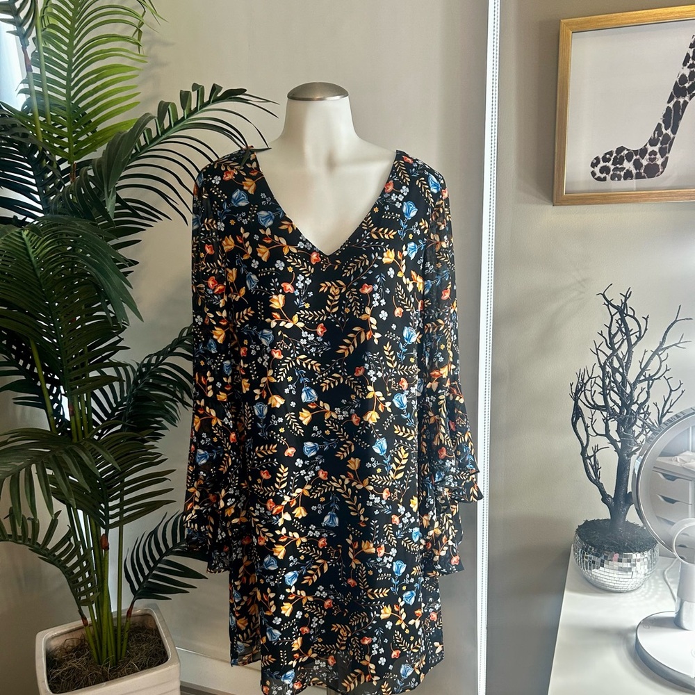 Kensie Black Floral Long Sleeve Dress with Crisscross Back